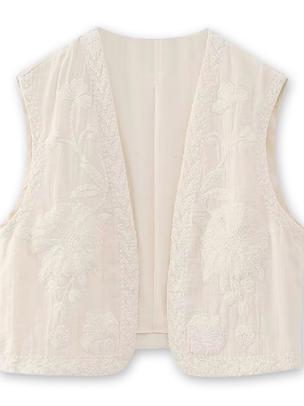 Zara Cream Embroidered Open-Front Vest